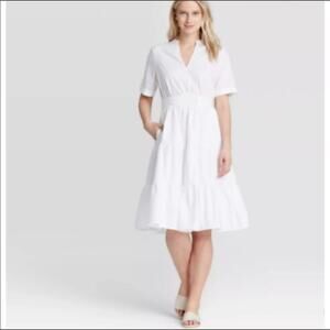 Who what wear White cotton shirt dress‎ belted full skirt
